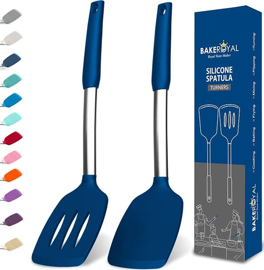 BakeRoyal Silicone Spatula Set - Turner Spatulas Silicone Heat Resistant 600°F - Slotted & Solid Spatula for Cooking Fish, Eggs, Pancakes Flipper – Spatulas for kitchen use – Royal Blue