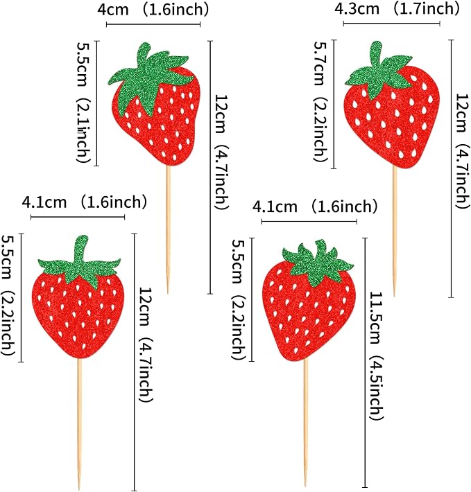 24pcs Glitter Red Strawberry Cupcake Toppers Red Strawberries Cupcake Picks for Strawberry Baby Shower Kids Boys Girls Berry Birthday Sweet Fruit Bridal Shower Wedding Party Cake Decorations