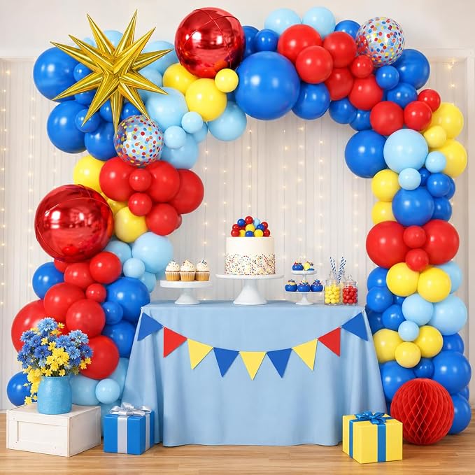 Red Blue Yellow Balloon Arch Garland Kit with Gold Star Foil Balloons Red 4D Round Ball Balloons for Birthday Party Carnival Circus Theme Decorations