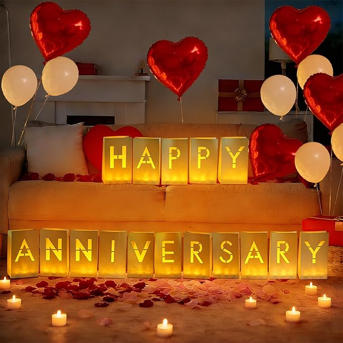 Happy Anniversary Light Up Letters, Rose Petals LED Tea Lights Candles Latex Foil Balloons, Paper Luminary Bags for Her Him Proposal Anniversary Valentines' Day Decorations