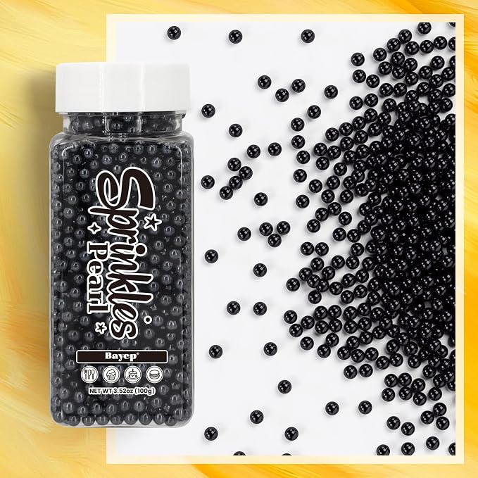 Bayep Edible Pearls for Cake Decorating 4mm Black Sprinkles for Cookies, Baking, Ice Cream, Cupcake Topper Pearl Sprinkles Perfect for Wedding Party Valentines Christmas Holiday Supplies 3.52 Ounce