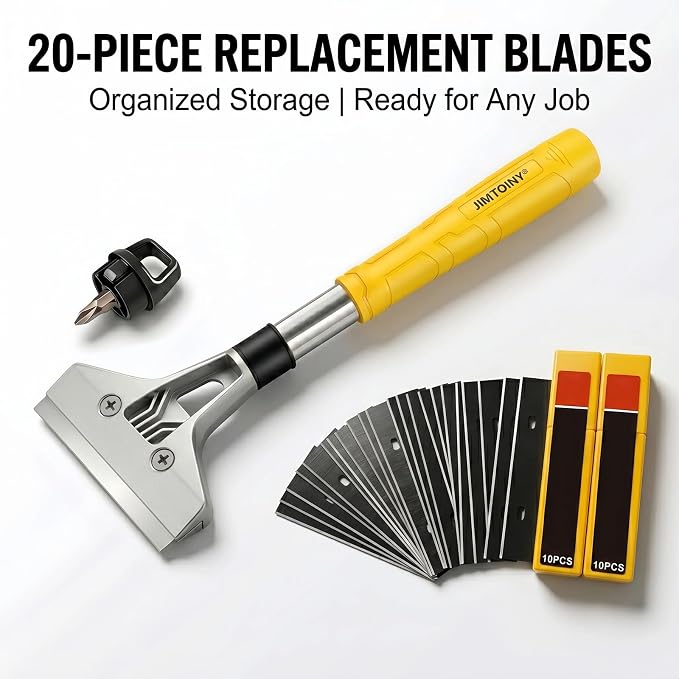 Razor Blade Scraper 4-Inch Floor Scraper Built-in Screwdriver | 21 Blades + Gloves Included, Hollow Handle Extends Reach, Non-slip PVC Grip, Ideal for Glass Stove Floor Paint Removal