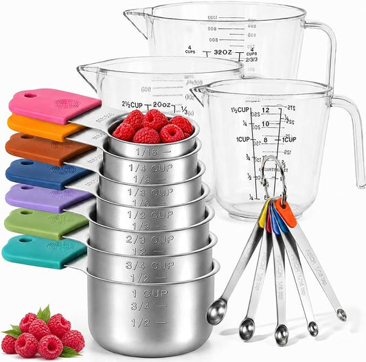Stainless Steel Measuring Cups and Spoons Set, 7 Magnetic Measuring Cups, 5 Metal Measuring Teaspoons, 3 Plastic Measuring Cups for Kitchen Cooking & Baking, Dry & Liquid Ingredients