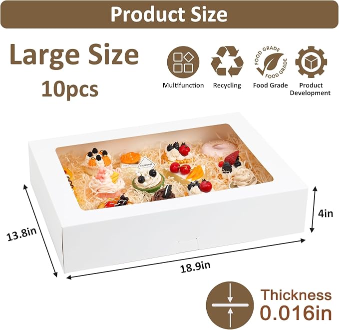 Moretoes 10pcs 19x14x4in Half Sheet Cake Boxes with Window, White Cookie Boxes, for Pastry Baking Cake Donuts Cupcake Pie Packaging, Auto-Popup