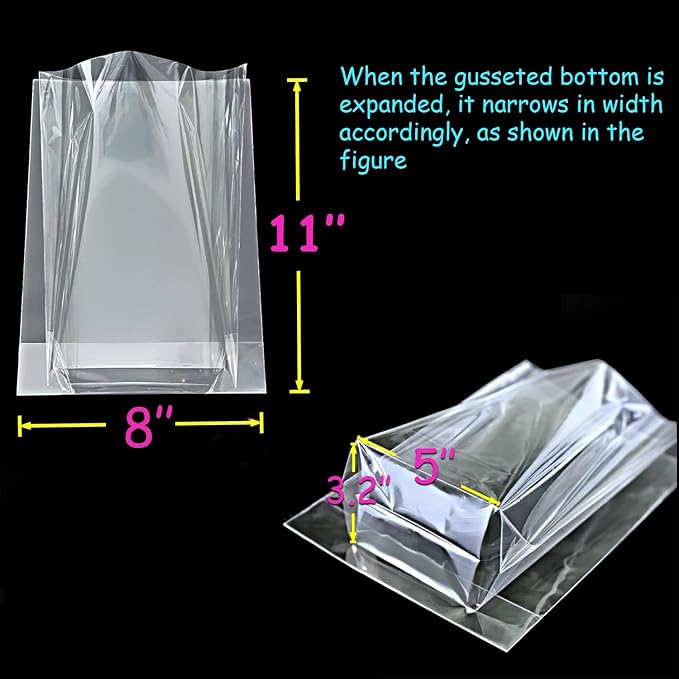 PigPotParty Cellophane Bags 8x11 Inch,100 Pack Clear Plastic Gift Bags with Bottom Gusset for Stand-Up Display, Medium Cello Gift Wrap for Goodies, Treats, Party Favors, Mugs, Includes 100 Gold Ties