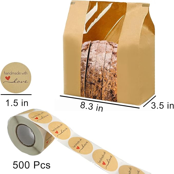 150 Pack Large Paper Bread Bags for Homemade Bread Sourdough Bags 14" x 8.3" x 3.5" with Tin Tie Tab Lock Clear Front Window Bakery Bag Packaging Cookie Bag with Label Seal Stickers
