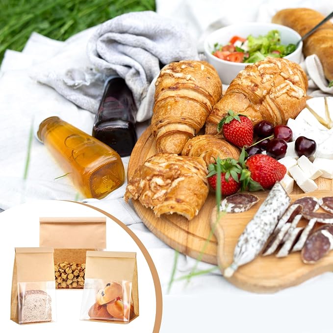 AmazingSpark 50 Pcs Paper Bread Bags with Tin Tie sourdough bread bags Storage Packing Bag with Clear Window for Gifting, Bakery (Brown)