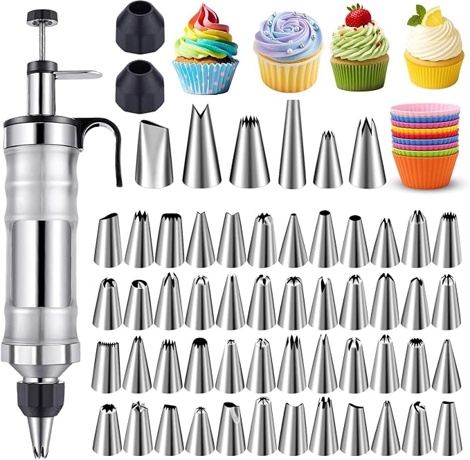 NOVANO Dessert Decorating Syringe Set, Black | Frosting Piping Kit, Stainless Steel, 54 Piping Tips, 9 Silicone Cupcakes
