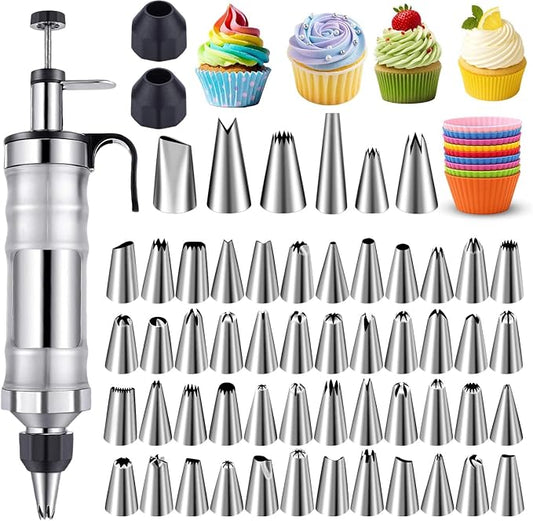 NOVANO Dessert Decorating Syringe Set, Black | Frosting Piping Kit, Stainless Steel, 54 Piping Tips, 9 Silicone Cupcakes