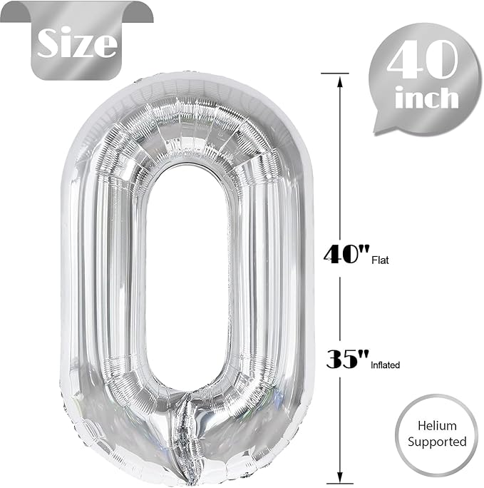 Silver Number Balloon 40 Inch, 0 Number Balloons, 10 20 30 40 50 Numbers Balloon Birthday Decorations, Silver Party Supplies for Women Men