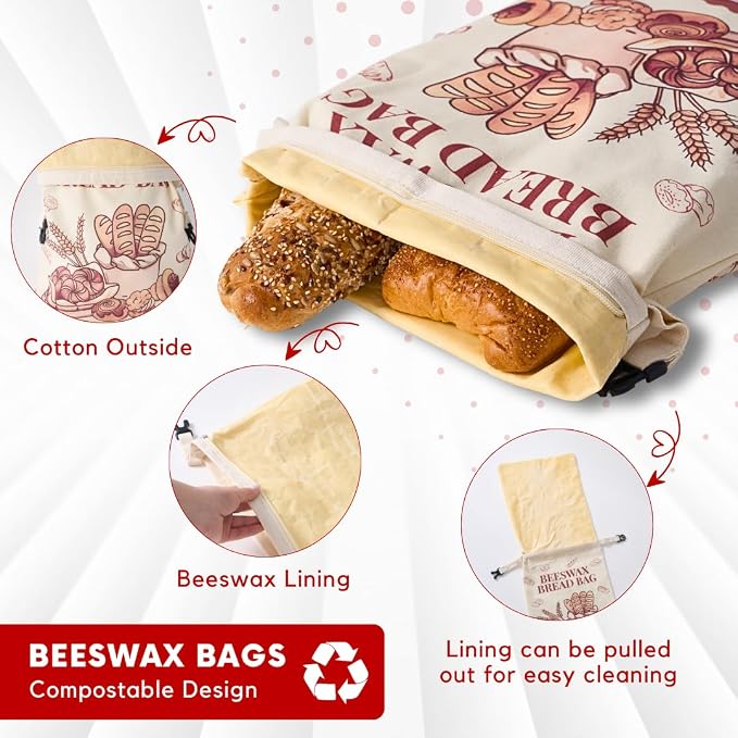 Bread Bags for Homemade Bread - 2 Pack XL Reusable Organic Beeswax Linen Cotton Sourdough Bread Bag, Eco-Friendly Bread Storage Bags with Sealing Zip to Keep Fresh, Perfect for Artisan & Bakery Bread