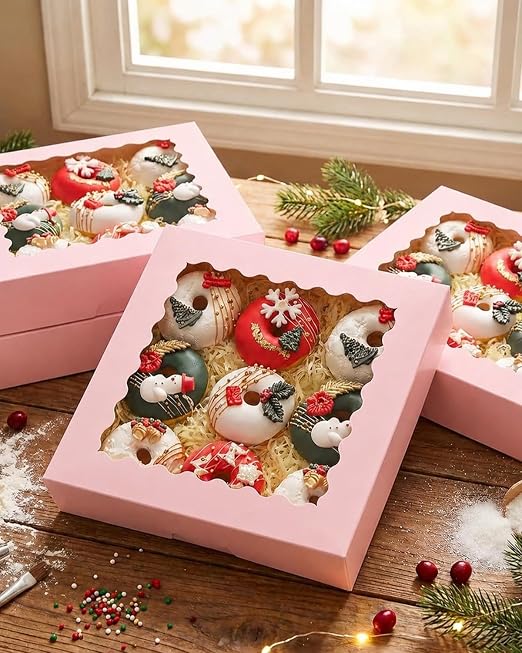 qiqee 10"x 10"x 2.5" Pink Pie Boxes with Window 120Packs Cookie Donut Bakery Box (Auto-pop Up)