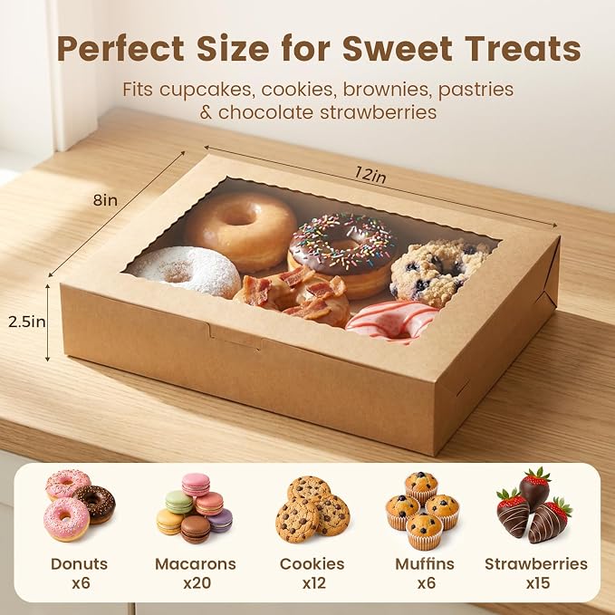 OAMCEG 48 Pack Cookie Boxes with Window, 12x8x2.5 Inch Bakery Treat Boxes for Christmas Holiday Gift Giving, Desserts, Donuts, Pastries-Brown