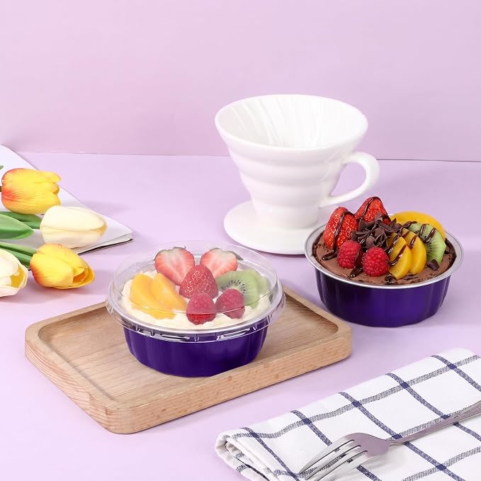 Beasea 8 oz Disposable Ramekins with Lids, 50 Pack Aluminum Foil Baking Cups with Lids, Creme Brulee Muffin Cupcake Mini Pudding Foil Ramekin for Party Wedding Birthday - Violet Purple