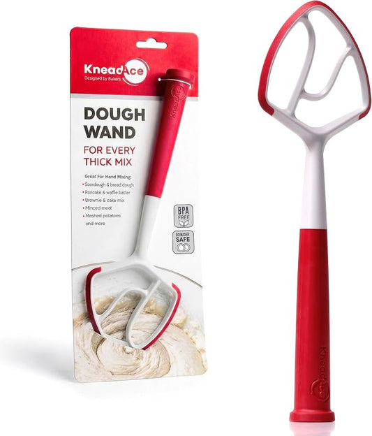 KneadAce Dough Wand, Danish Dough Whisk for Sourdough Baking, Dough Mixer with Silicone Scraping Edges, Self Standing Bowl Mixing Tool (White/Red)