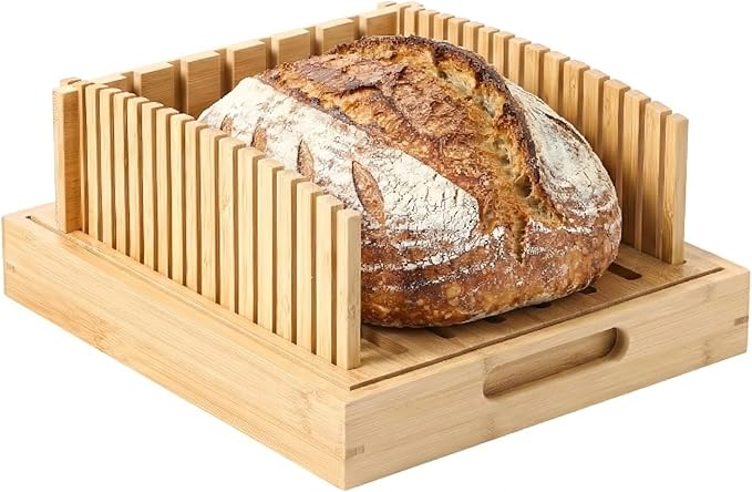 10.5" Bamboo Bread Slicer for Homemade Bread, Adjustable Sourdough Cutter Guide with Crumb Catcher Tray, Wooden Board for Round Loaves & Sandwich Slices