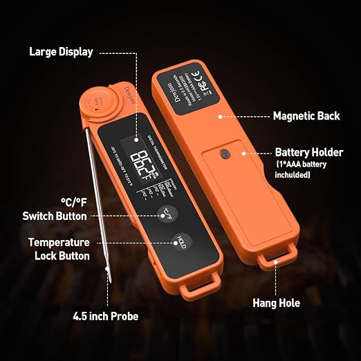 0.5 Sec Instant Read Meat Thermometer for Cooking, Ultra-Fast Digital Food Thermometer with Backlight, ±0.5°F Accuracy, IP67 Waterproof，Auto-Rotate/On/Off–Perfect for Grilling, BBQ, Smoker-Tangerine