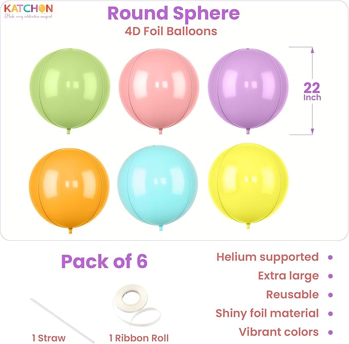 KatchOn, Pastel Color Balloons – 22 Inch, Pack of 6 | Multicolor Giant 4D Round Balloons for Birthday, Baby Shower, Gender Reveal, Wedding | Rainbow Party Decorations | Pastel Party Decorations