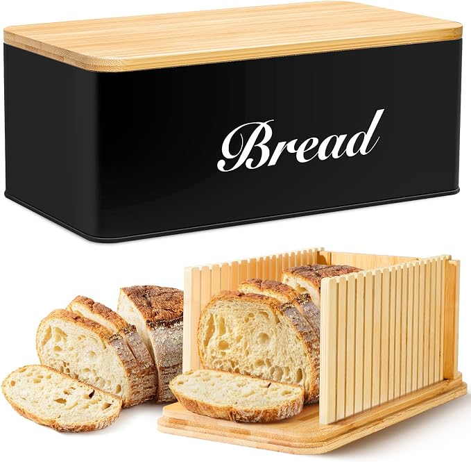 RYTOXILO Bread Slicer with Black Bread Box, Bread Storage Container for Kitchen Countertop with Multifunction Bamboo Lid, 3 in 1 Breadbox for Loaf Slicing & Tray, Bread Holder for Kitchen
