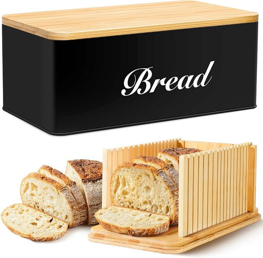 RYTOXILO Bread Slicer with Black Bread Box, Bread Storage Container for Kitchen Countertop with Multifunction Bamboo Lid, 3 in 1 Breadbox for Loaf Slicing & Tray, Bread Holder for Kitchen