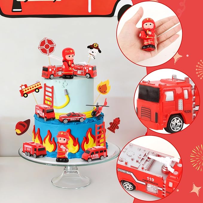 17PCS Fire Truck Cake Toppers Fire Truck Birthday Decorations Firetruck Cake Decorations for Kids Adult Birthday Party Supplies Fireman Firetruck Party Cake Decorations