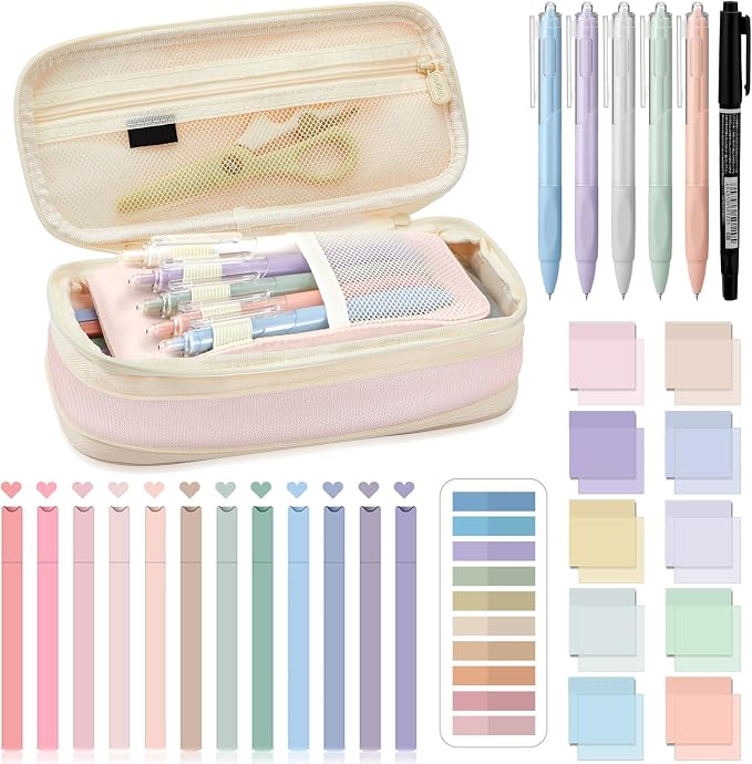 Jutom 39 Pcs Aesthetic Book Annotation Kit Highlighter with Case Bag Gel Pen Transparent Sticky Note Taking Bible Supplies(Pink,Cute Style)