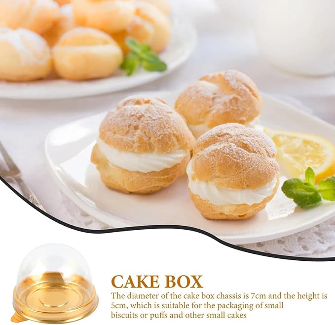 50Pcs Clear Plastic Mini Cake Box with Dome Lids, Mini Muffin Container Box Mooncake Dome Box Pastry Baking Packaging Boxes Wedding Birthday Gifts Supplies (Gold Base)