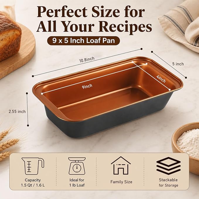 3-Pack 9x4 Inch Nonstick Loaf Pans, Carbon Steel Bread Pans for Baking Banana Bread & Sourdough, Even Heating, Easy Release, Oven Safe to 450°F, PFOA Free