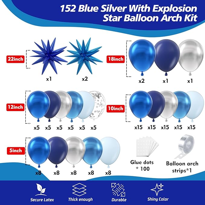 Blue Balloon Arch Kit, 152Pcs Explosion Star Various Blue and Silver Latex Balloon Garland kit Different Size Balloons for Anniversary Birthday Wedding Baby Shower Dark Party Decorations