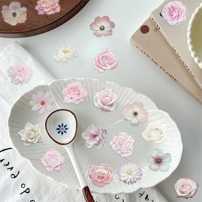 50Pcs Pink Flower Stickers for Laptop Water Bottle, Daisy and Rose Decals Self-Adhesive Scrapbooking Stickers Supplies Journal Stocking Stuffers for Adult Card Making Letters DIY (Colourful-B2)