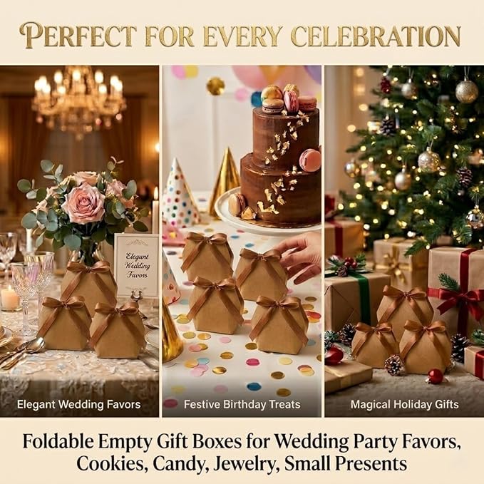 Rowcay Small Gift Boxes with Ribbons, 16 Pack Kraft Foldable Empty Gift Boxes for Wedding Party Favors, Cookies, Candy, Jewelry, Small Presents, Gift Packaging and Favor Displays
