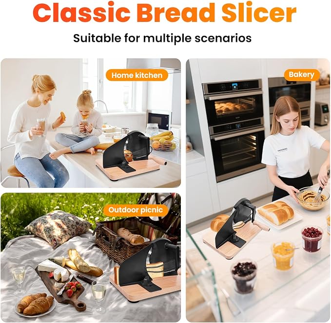 Stainless Steel Bread Slicer, Manual Sourdough Bread Cutter with Hand Crank and Adjustable Thickness, Bread Slicing Tool for Homemade Loaves, Toast, Bagels and Bakery Use