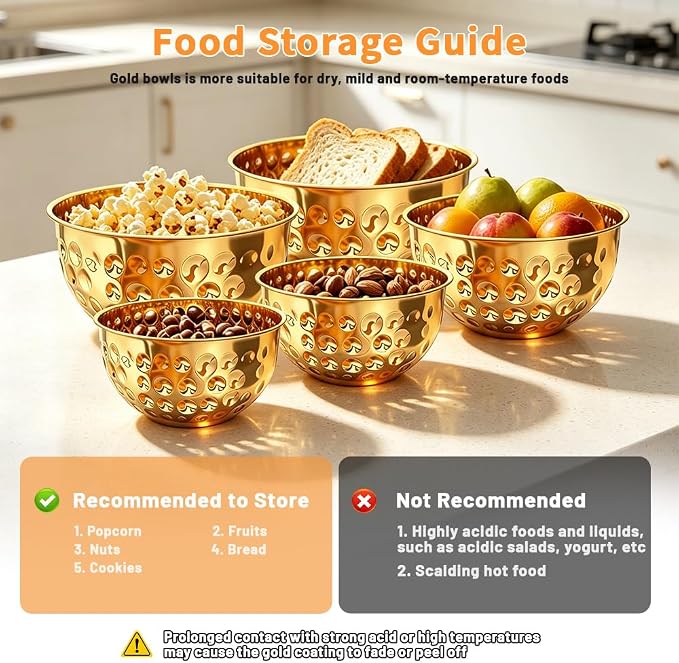 5-Piece Gold Serving Bowls (4.9/4.2/3.2/2.1/1.6QT), Gold Bowl Set with Hammered Design, Nesting Stainless Steel Mixing Bowls for Movie Night, Party and Home Decor