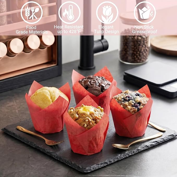 200 Pcs Red Tulip Cupcake Liners for Baking, Standard Size | Standard Greaseproof Tulip Muffin Liners for Baking, 3oz Red Paper Cupcake Wrappers for Party Wedding Birthday