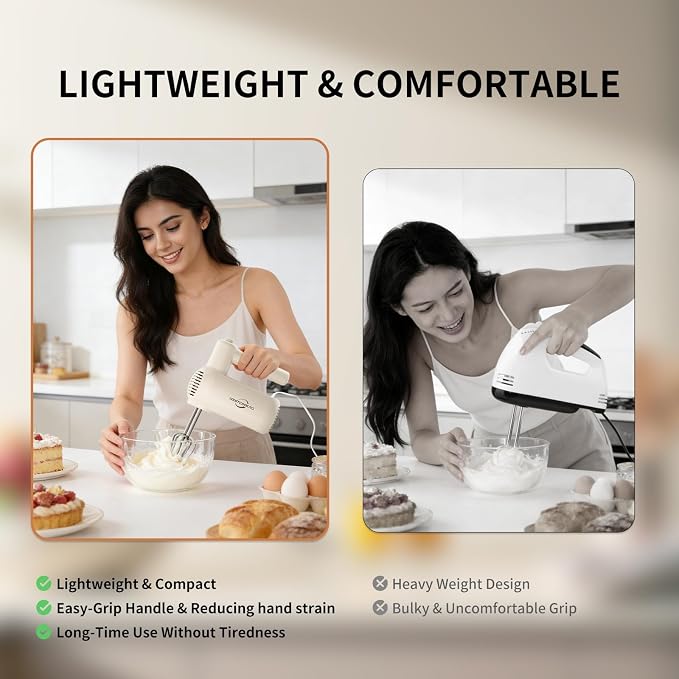 Hand Mixer Electric Handheld, Lightweight Hand Mixer Upgraded Motor, 5-Speed Electric Mixer With Stainless Steel Beaters, Dough Hooks, Westcookaid Turbo Ultra Power+ Eject For Cakes Eggs, White