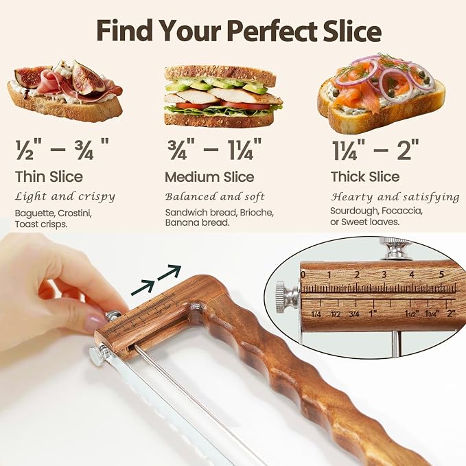 Adjustable Bread Slicer for Sourdough& Homemade Bread | Thickness Guide, Sharp Stainless Serrated Blade, Wooden Frame, Precision Bread Cutter