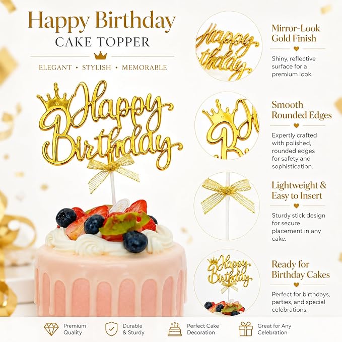 Gold Acrylic Happy Birthday Cake Topper with Crown and Bow | Glossy gold acrylic script with crown and bow adds an elegant finishing touch to birthday cakes and celebration desserts.