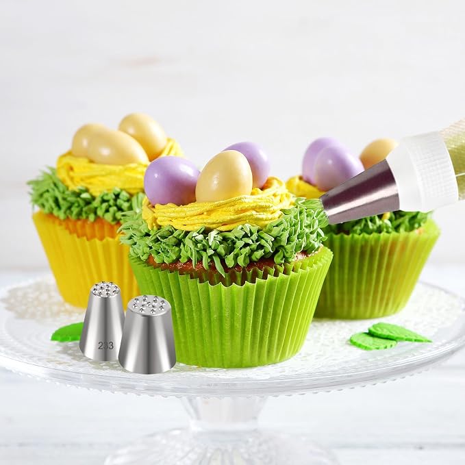 63pcs Grass Piping Tip and Bags Set, 2 Pastry Bag Ties, 2 Tips Cleaning Brush and 6 Pastry Couplers, Stainless Steel Grass Icing Tip for Cake Cupcakes Frosting Decoration DIY Baking Supplies