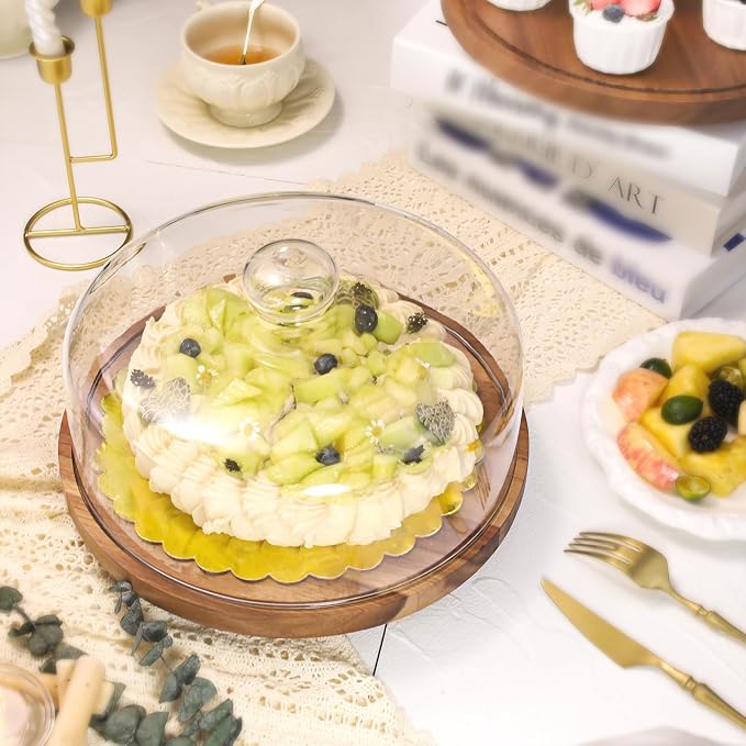 Glass Rotating Cake Stand with Lid - 12" Acacia Wood Cake Plate with Dome, Round Cake Holder with Cover for Wedding, Birthdays, Party Display, Charcuterie Tray, Spinning Cake Turntable, Glass Cake Dome