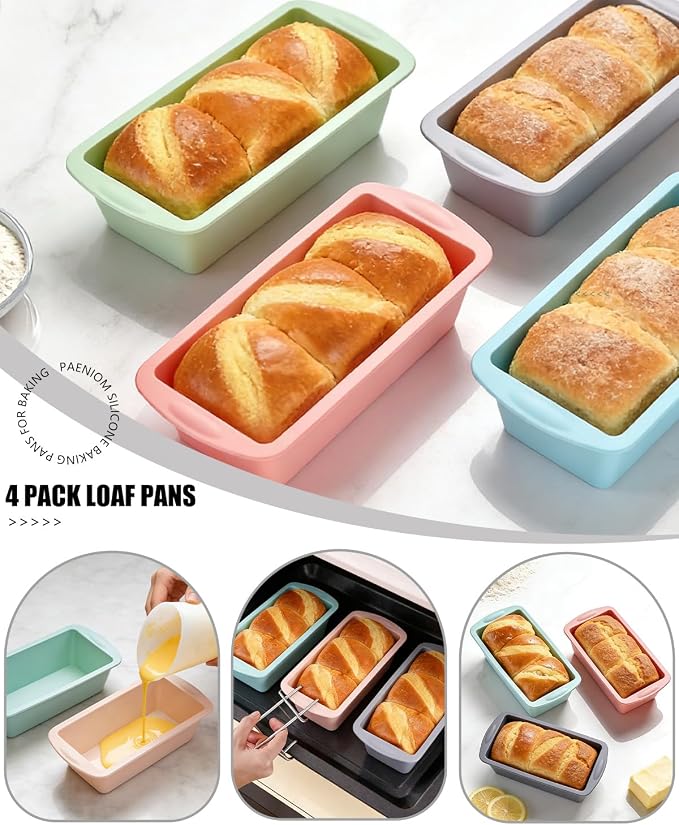 Mini Silicone Bread Loaf Pan, 4 Pcs, Non-Stick Baking Molds for Bread, Cake, Meatloaf, 7.5" L x 3.7" W x 2.1" H, Flexible Silicone Baking Molds for Bread, Cake, Meatloaf