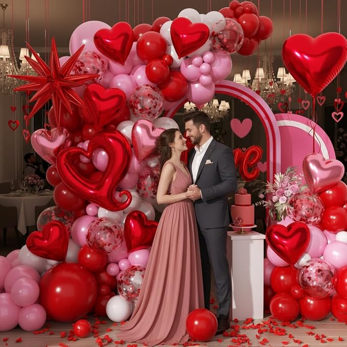 171pcs Valentines Day Balloons Garland Arch Kit, Pink White Red Confetti Heart Balloons Love & Star Foil Balloons Rose Petals for Birthday Wedding Anniversary Galentine's Day Party Decorations