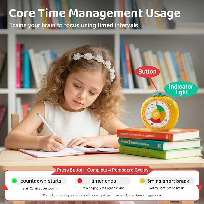 Magnetic Visual Timer, 60-Minute Countdown for Kitchen Classroom Homework | 4-Color Zone Dial with Cute Design, Kids Timer with Pomodoro Mode Time Management Tool for ADHD, Cooking & Baking