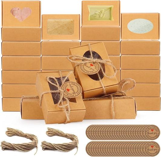 RYKOMO 60 PCS Soap Boxes for Homemade Soap 3.55 X 2.4 X 1.2 Inch Small Soap Packaging Boxes Kraft Soap Box with Window Mini Soaps Gift Boxe for Homemade Bakery Candy Cookies Packaging