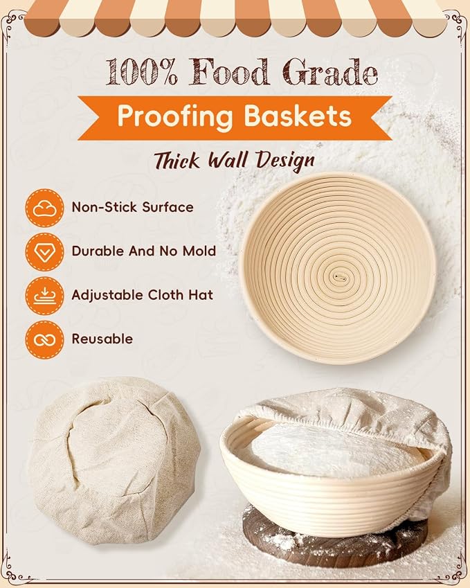 Complete Sourdough Starter Kit with Manual | Easy to Clean for Beginners | Sourdough Bread Baking Supplies with Round Bread Proofing Basket, Bread Sling, Starter Jar, Dough Whisk, Scrapers, Bag