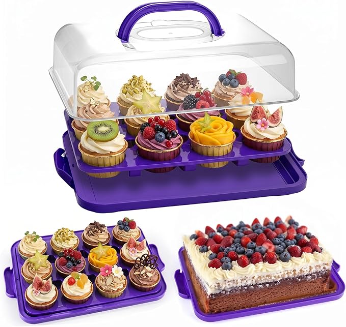 VGOODALL Cupcake Carrier, Rectangle Cake Plate with Lid, 12 Capacity Cup Cake Portable Container Dessert Holder with Handle for Family Picnics and Party Events, 2-in-1 Design, Purple