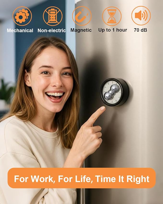 Kitchen Timer, 60-Minute Mechanical Timer with Magnetic Back - No Batteries Required - Loud Alarm, Wind Up Manual Time Countdown Reminder for Cooking, Baking, Exercise, Study, Working, Gaming, Black