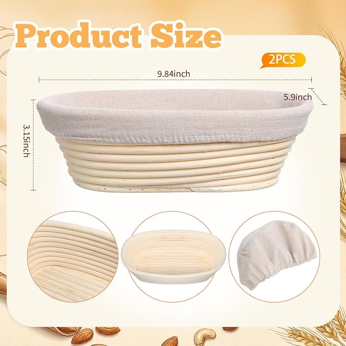 LemonRoad 2 Pcs Bread Proofing Baskets with Shower Caps Set 10 Inch Oval Banneton Basket Sourdough Proofing Basket with Cloth Liners &1000 Pcs Shower Caps for Sourdough Bread Making Fermentation