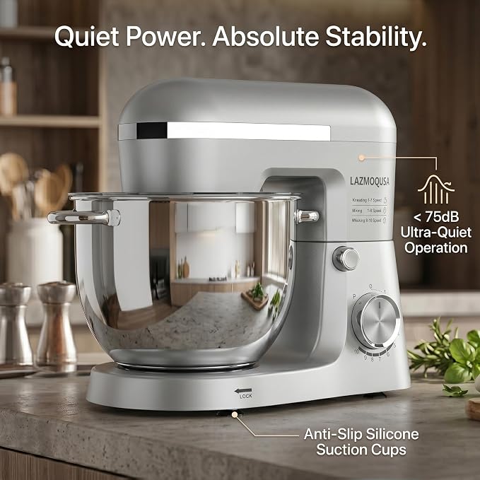 6in1 Stand Mixer with 6.5 Quart Bowl, 660W 10+p Speeds Kitchen Food Mixer Tilt-Head Bread Dough and Cake Mixers for Home Daily (Sliver)