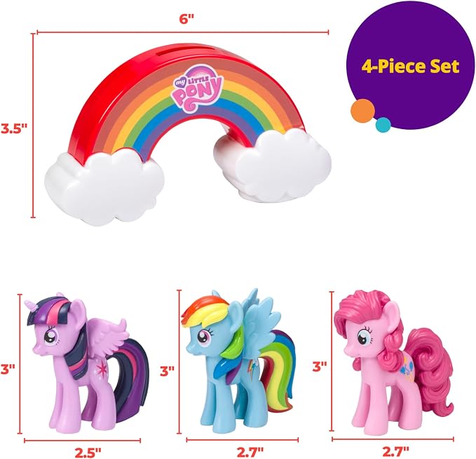 DecoSet® My Little Pony™ Over The Rainbow Signature Cake Topper, 4 Piece Decoration, Dash, Pinkie Pie, and Twilight Sparkle, Coin Bank, Collectable Figurines For Birthday
