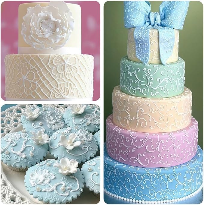 Ocmoiy 6 Pack Fondant Texture Sheets Floral Cake Impression Mats Rose Vine Lace Fondant Embossing Molds for Cake Decorating, Chocolate, Gum Paste, Wedding Cookies